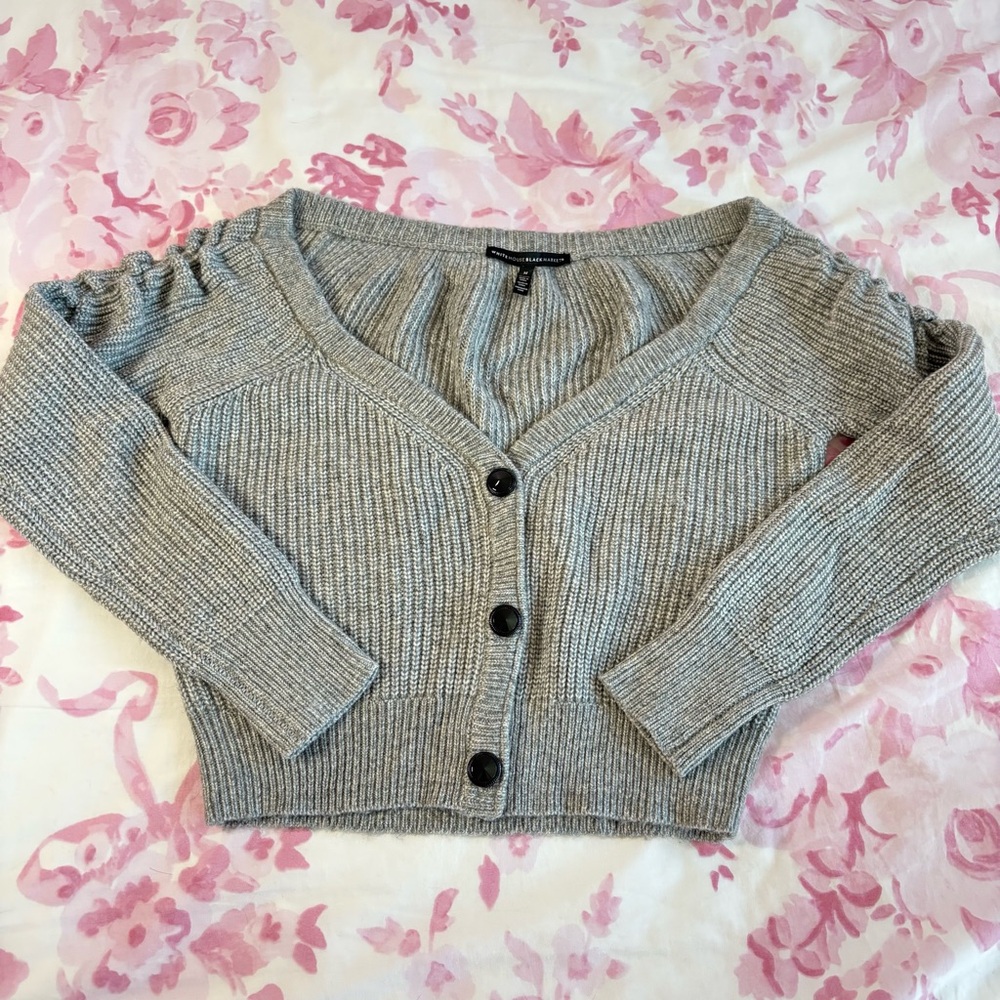 White House Black Market grey chunky knit ruched sleeve  sweater